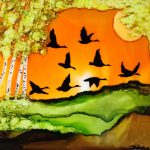 Alcohol ink artwork of birds flying in a sunset by Betty Sawatzky